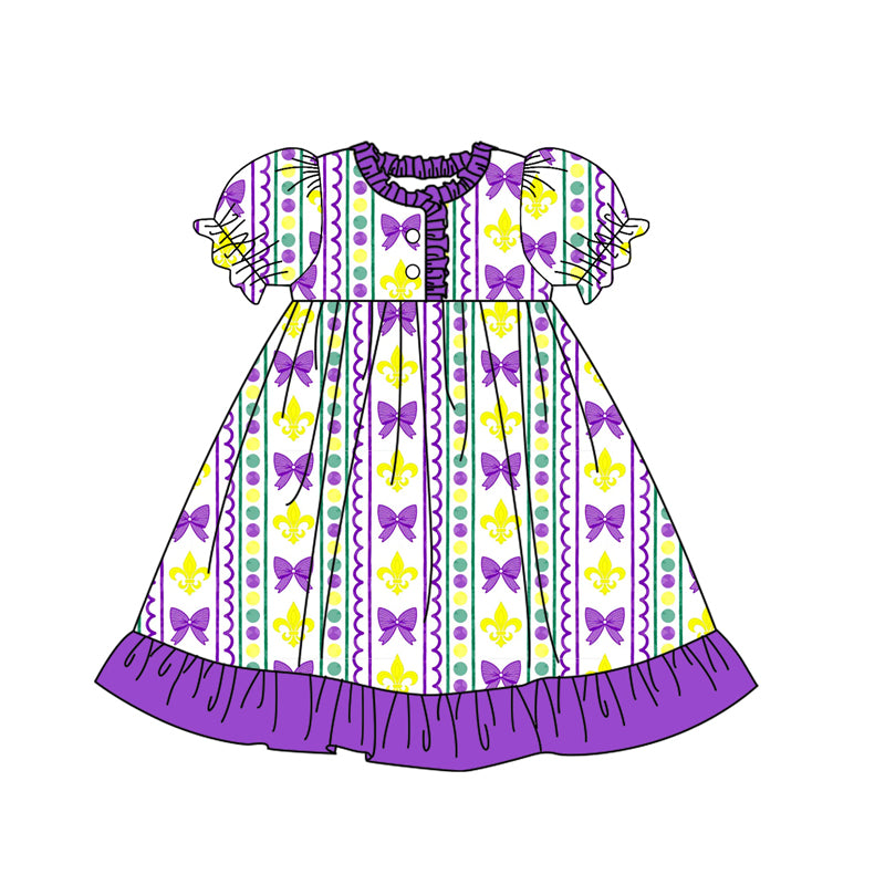 preorder GSD2825 Mardi Gras yellow purple green bows dot short sleeve girls dress