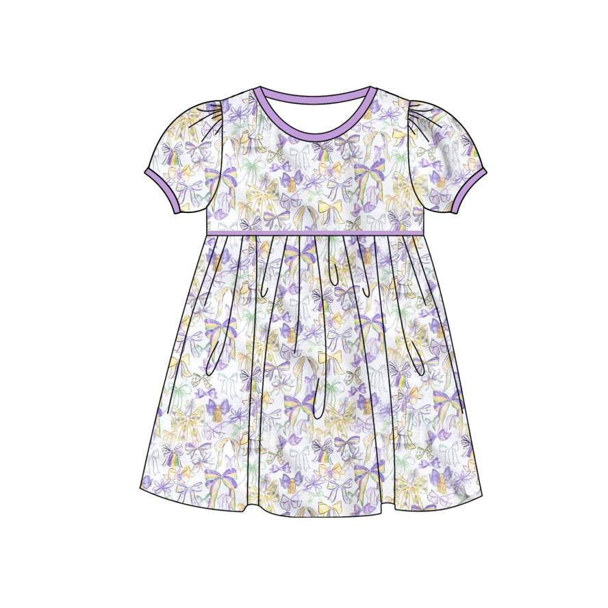 preorder GSD2828 Mardi Gras purple bows short sleeve girls dress