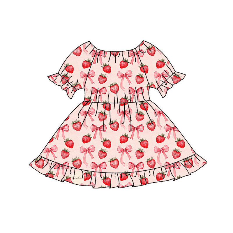 preorder GSD2837 cute strawberry bows red pink short sleeve girls dress