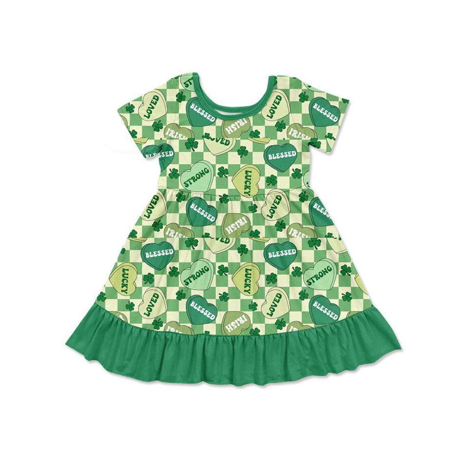 preorder GSD2839 St Patrick strong loved heart clover green checkered short sleeve girls dress