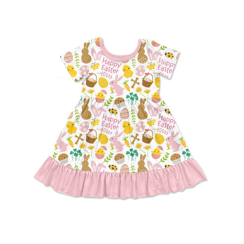preorder GSD2841 Happy Easter bunny rabbit egg flowes pink short sleeve girls dress