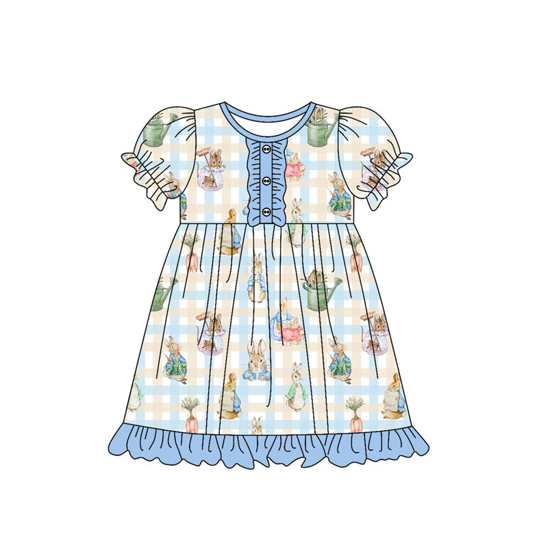 preorder GSD2847 Easter bunny rabbit flowers checkered blue short sleeve girls dress
