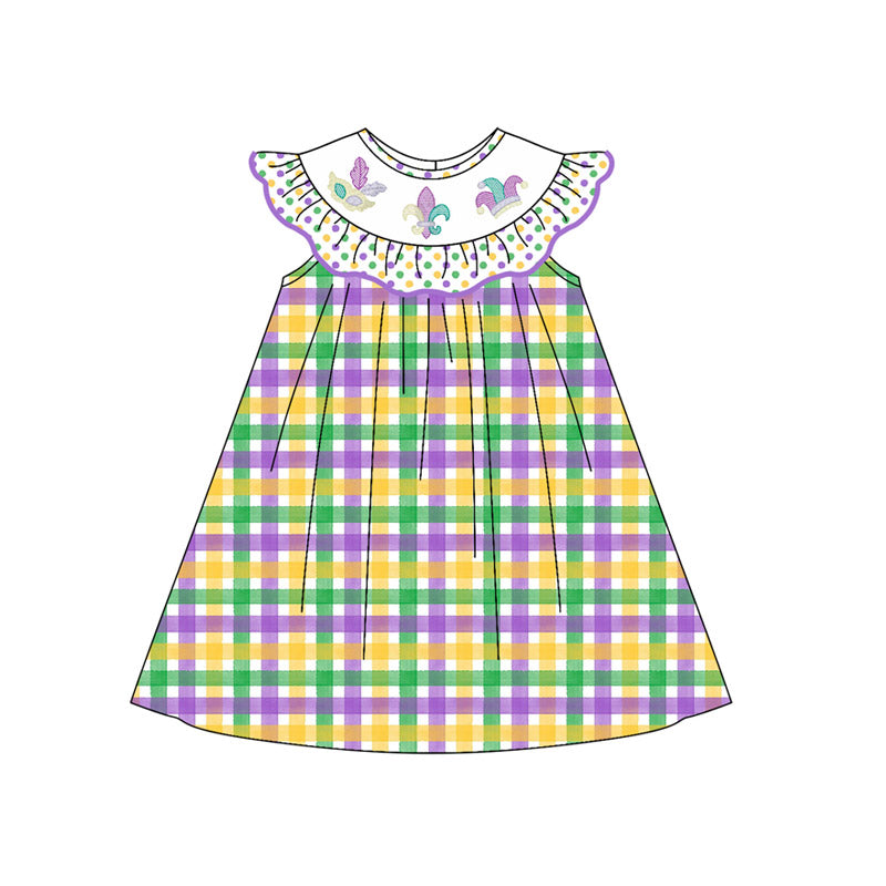 preorder GSD2849 Mardi Gras purple green yellow dot flutter sleeve girls dress