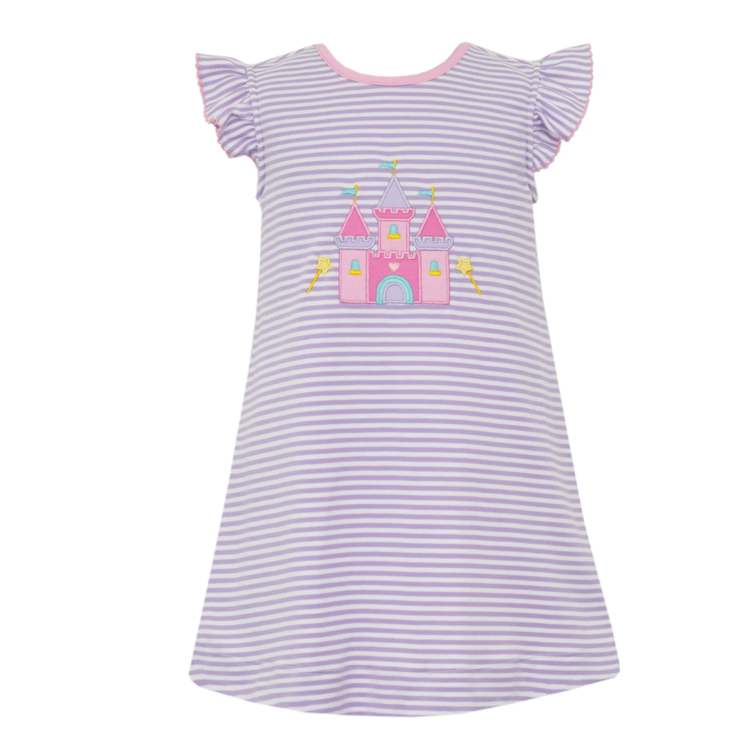 preorder GSD2859 cartoon castle purple striped flutter sleeve girls dress