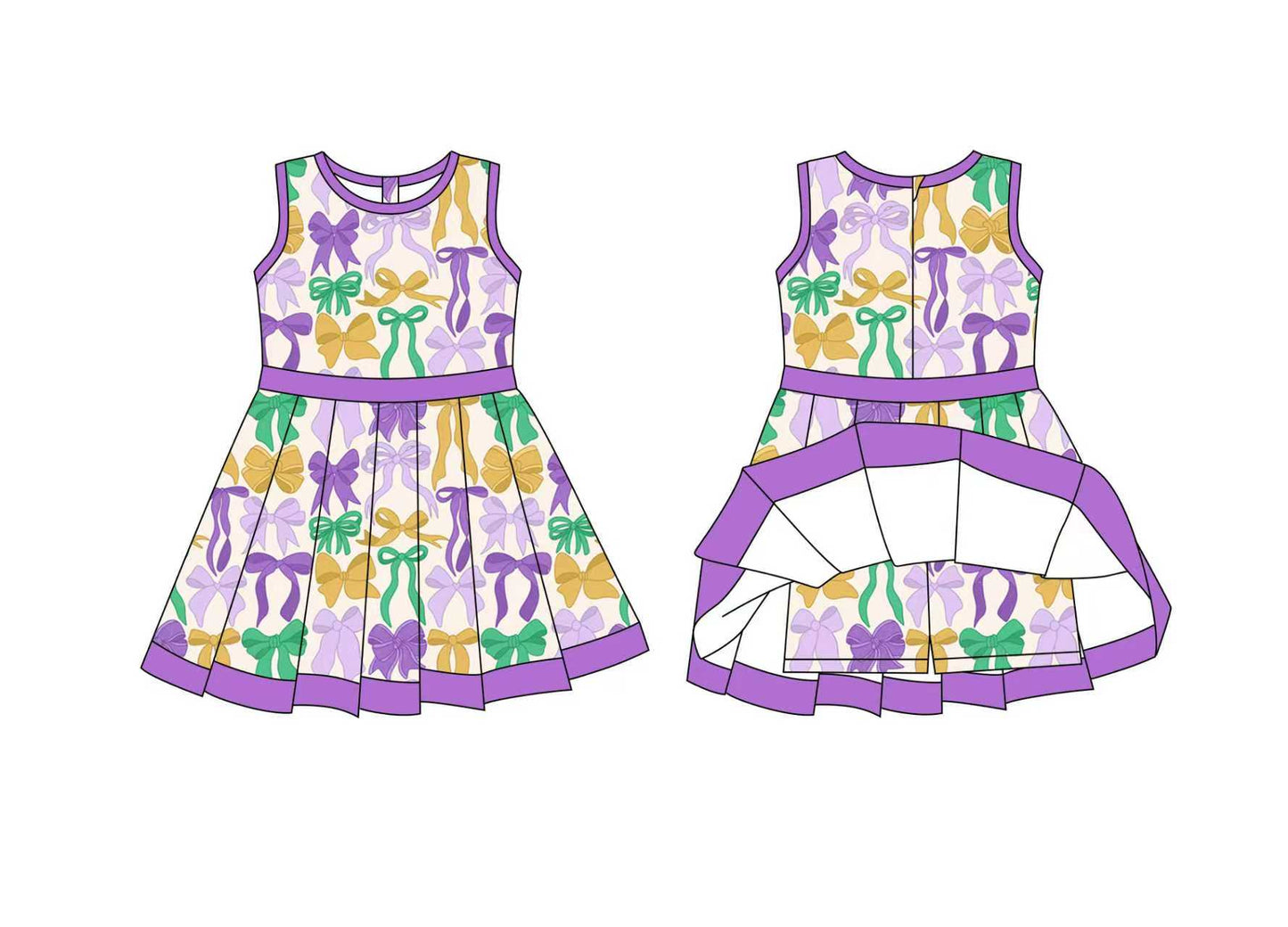 preorder GSD2866 Mardi Gras yellow green purple bows sleeveelss skorts girls dress