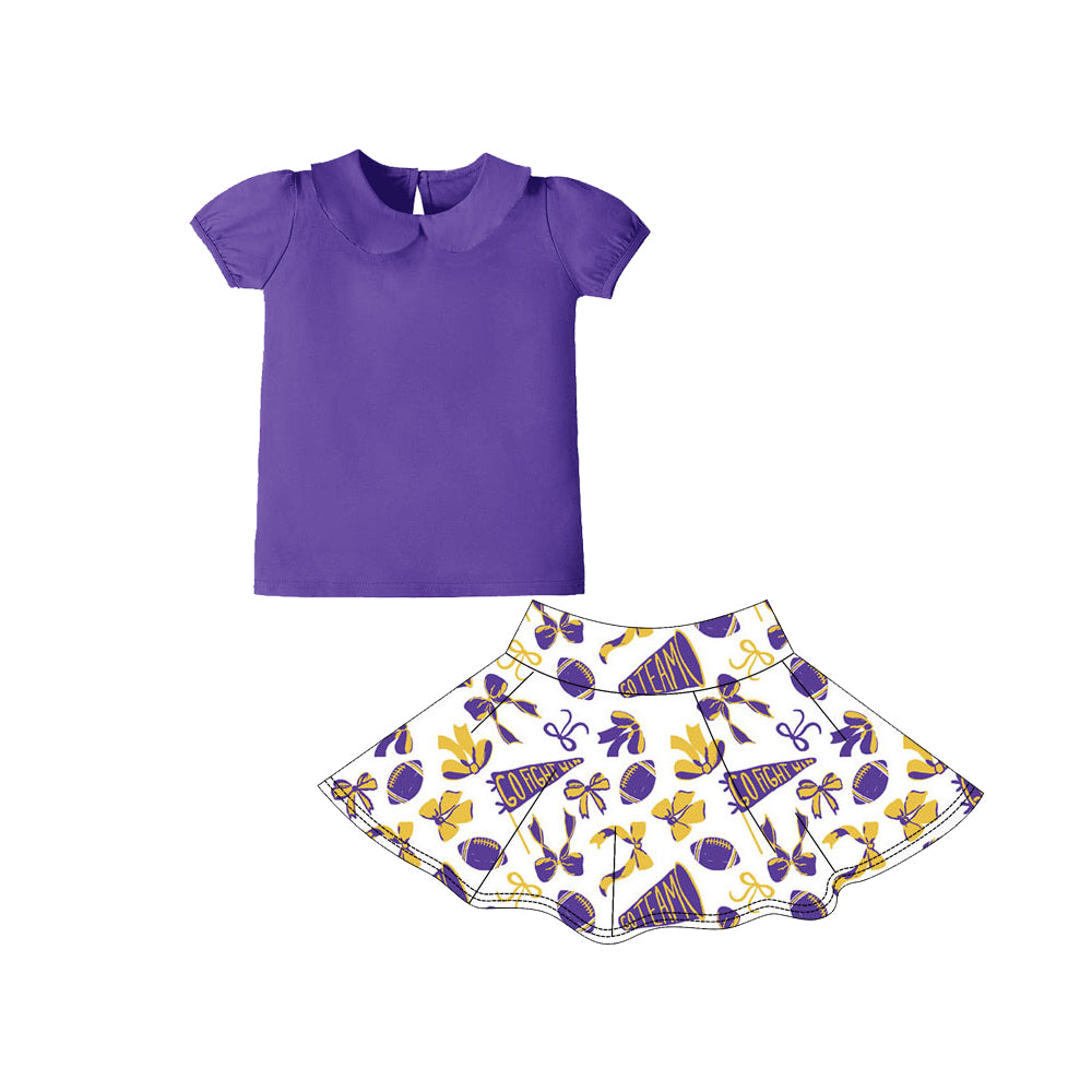 preorder GSD2878 yoga football team purple short sleeve go fight bows skorts skirt girls set