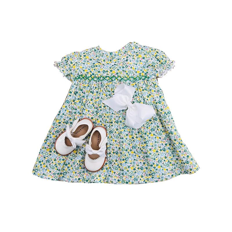 preorder GSD2893 flowers floral green short sleeve girls dress