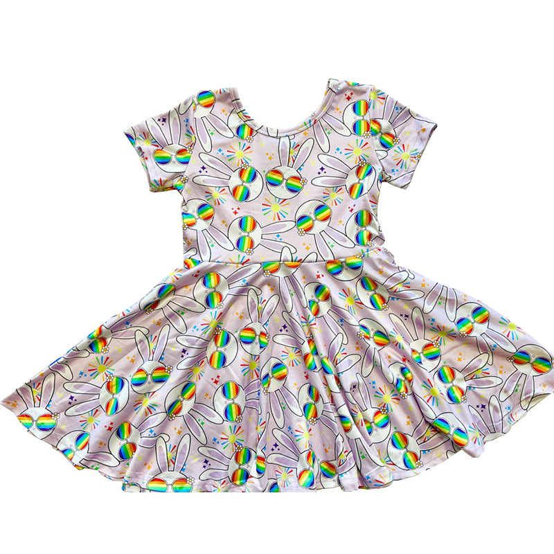 preorder GSD2905 Easter bunny rabbit rainbow glassess short sleeve girls dress