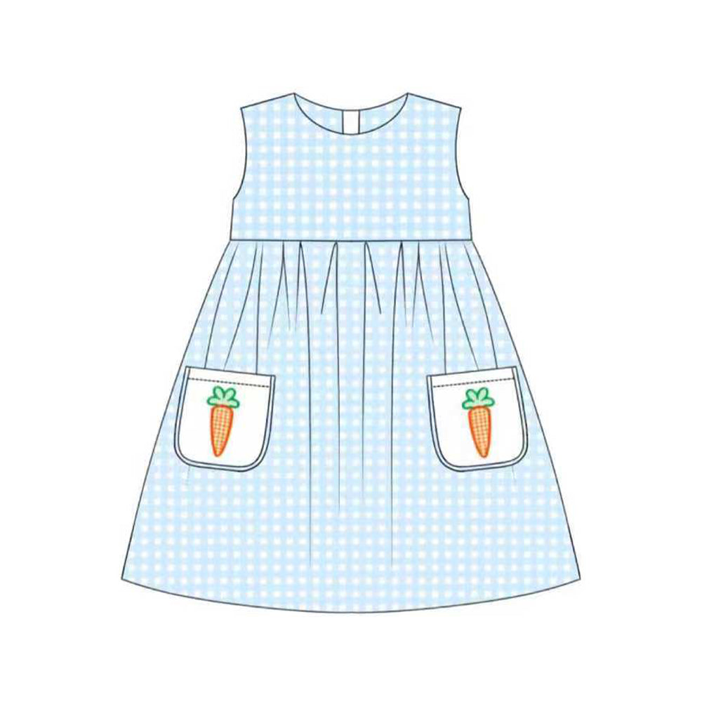 preorder GSD2941 Easter pockets carrot blue checkered sleeveless girls dress
