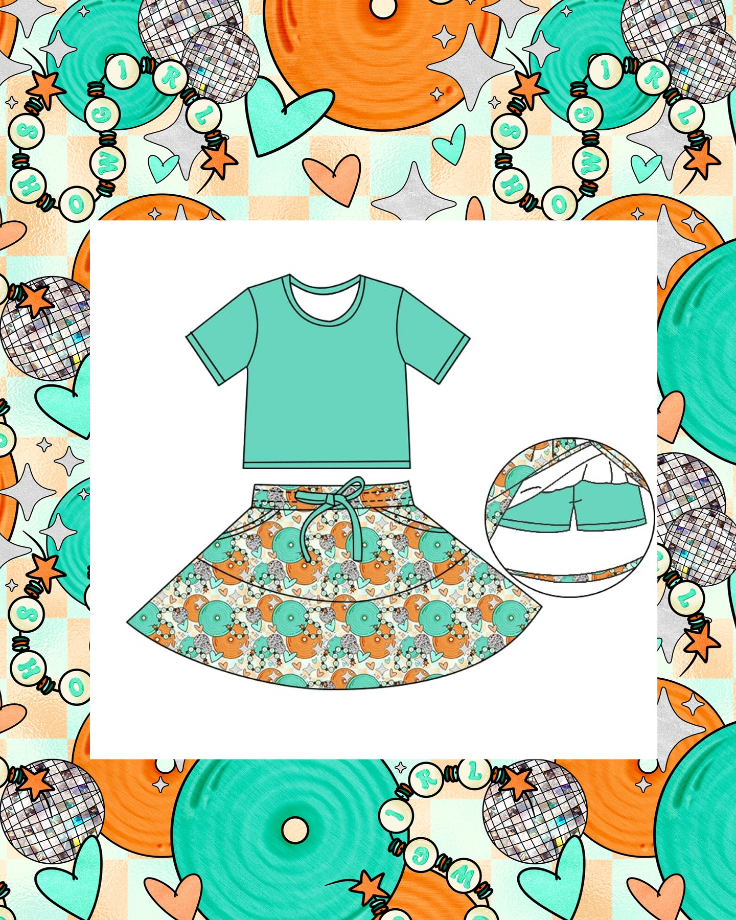 preorder GSD2974 happy new year green orange light heart short sleeve skorts skirt girls set