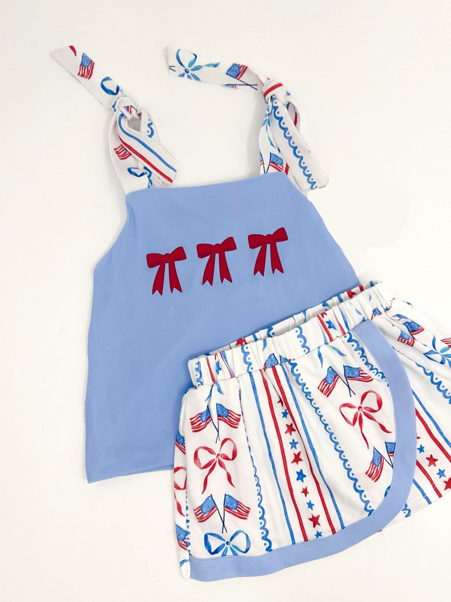 preorder GSD3025 July 4th Bows Blue Top Flag Star Shorts Girls Set