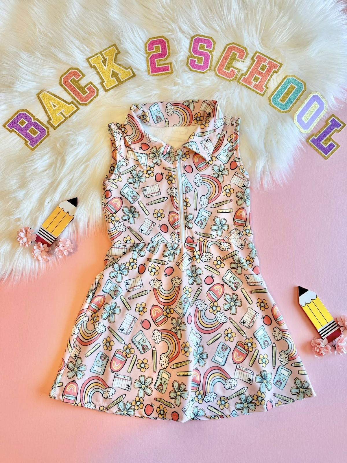 preorder GSD3038 Yoga Back To School Pen Rainbow Book Zipper Sleeveless Girls Dress