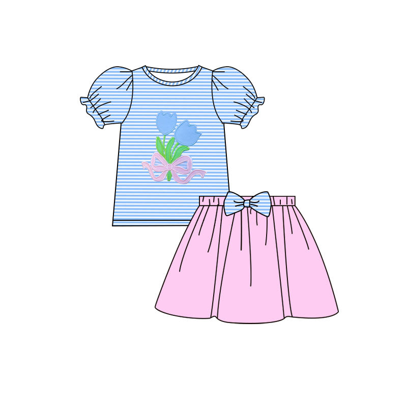 preorder GSD3039 Flowers Bow Blue Striped Short Sleeve Pink Skirts Girls Set