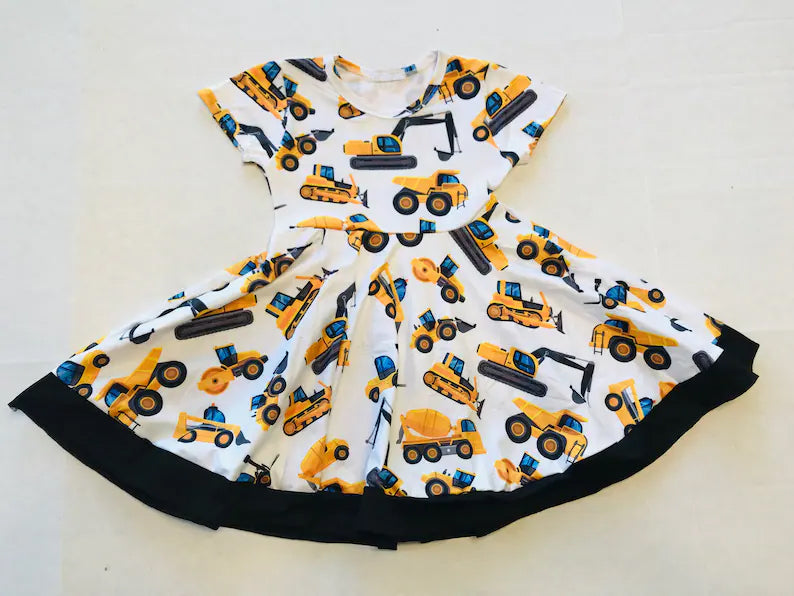 preorder GSD3040 Cute Construction Truck Short Sleeve Girls Dress