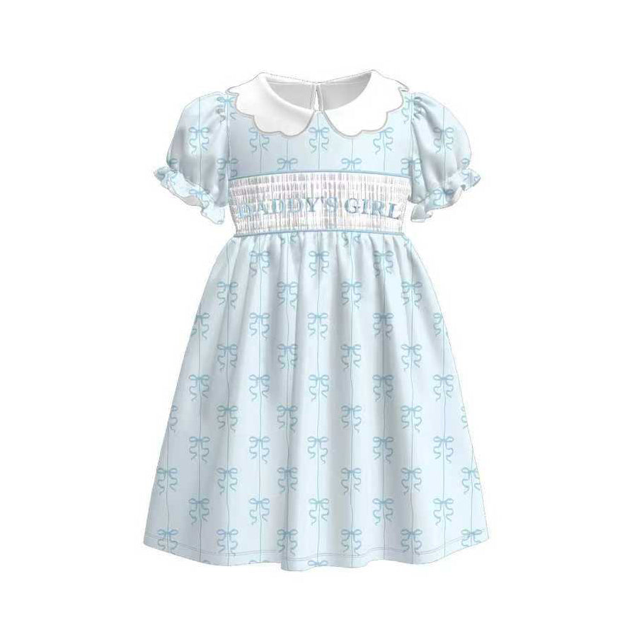preorder GSD3042 Daddy's Girl Blue Bows Short Sleeve Girls Dress