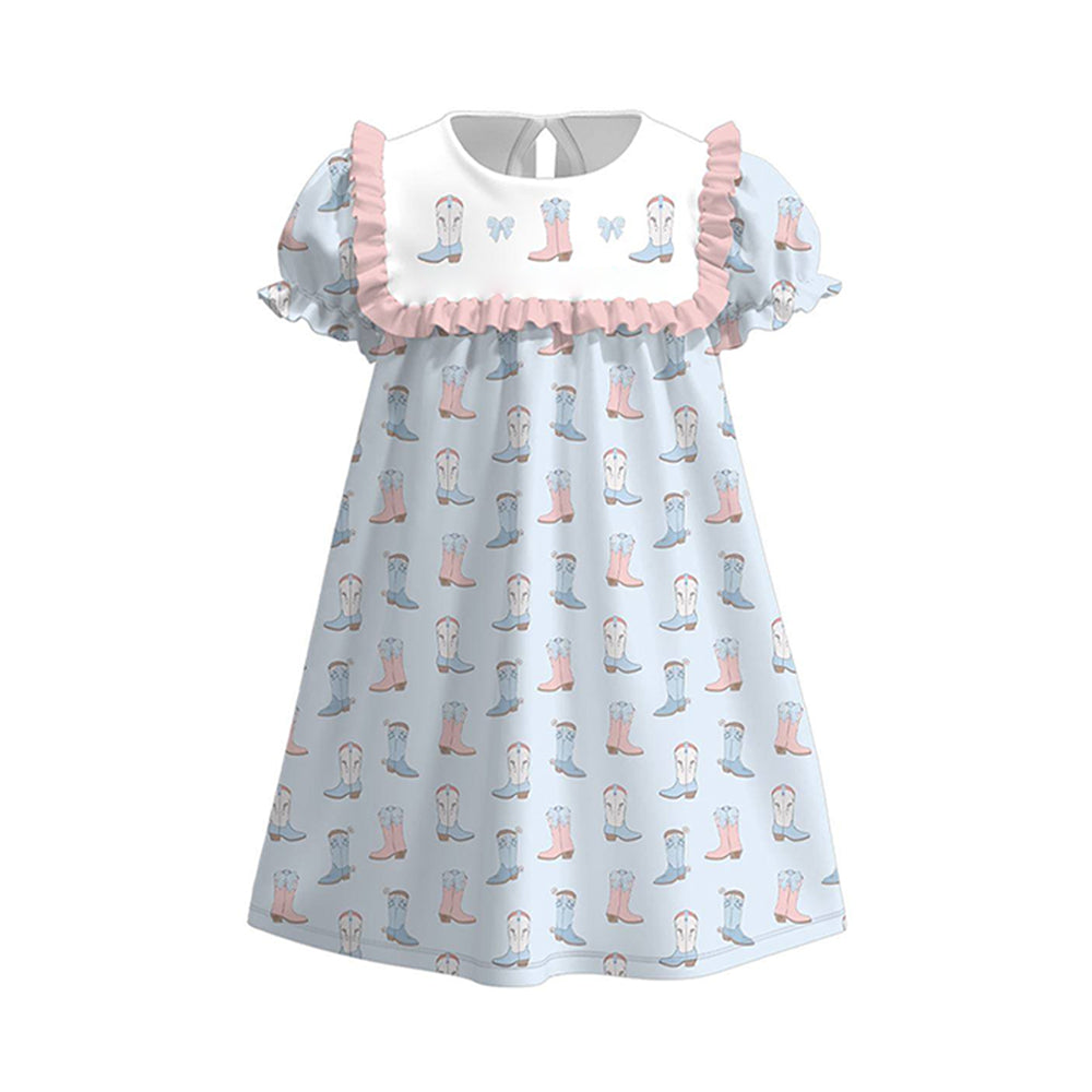 preorder GSD3044 Blue Bows Boots Short Sleeve Girls Dress