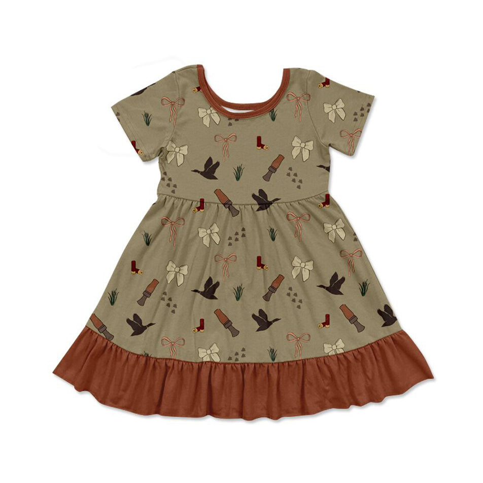 preorder GSD3066 Hunting Duck Call Bows Brown Short Sleeve Girls Dress