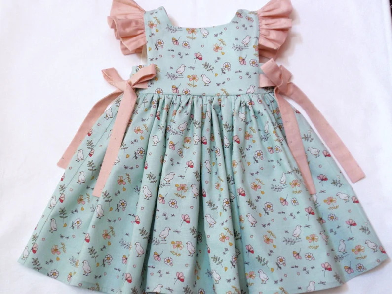 preorder GSD3083 Cute Chick Flowers Bird Flutter Sleeve Girls Dress