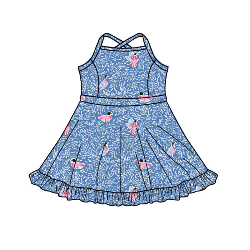 preorder GSD3086 Pink Mallard Duck Blue Leaf Skorts Girls Dress