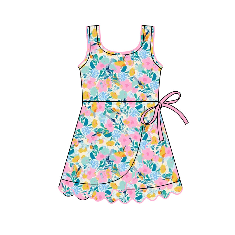 preorder GSD3097 Yoga Pink Flowers Sleeveless Skorts Girls Dress