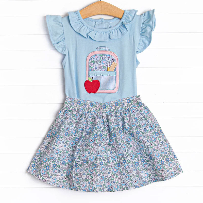 preorder GSD3119 Back To School Bag Apple Blue Flutter Sleeve Floral Skirts Girls Set