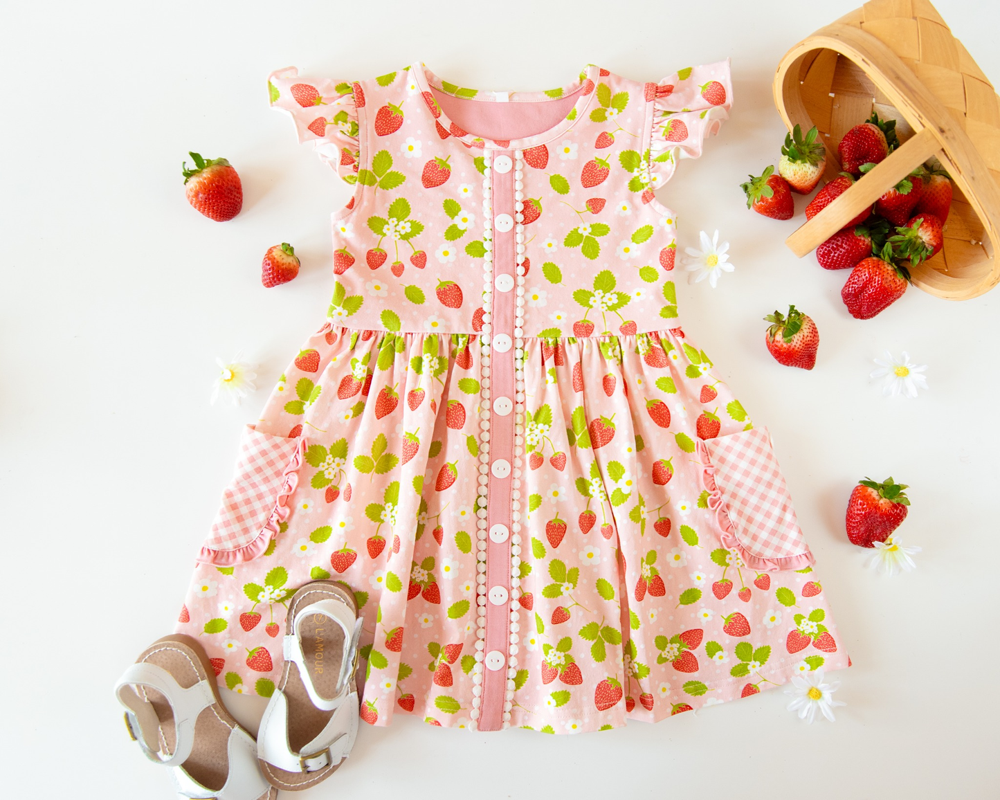 preorder GSD3150 Cute Strawberry Flowers Flutter Sleeve Girls Dress