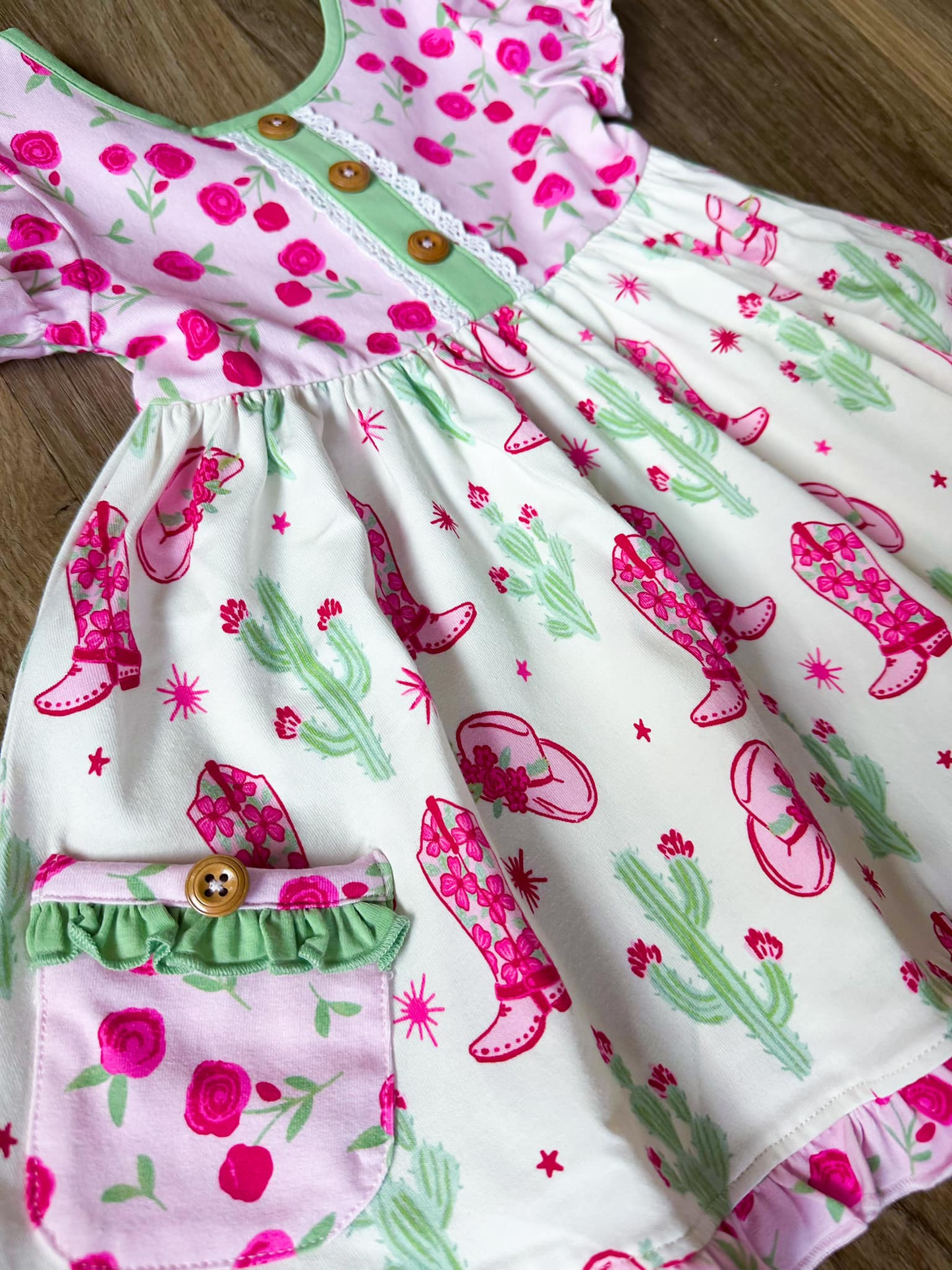 preorder GSD3228 Western Boots Cactus Short Sleeve Girls Dress