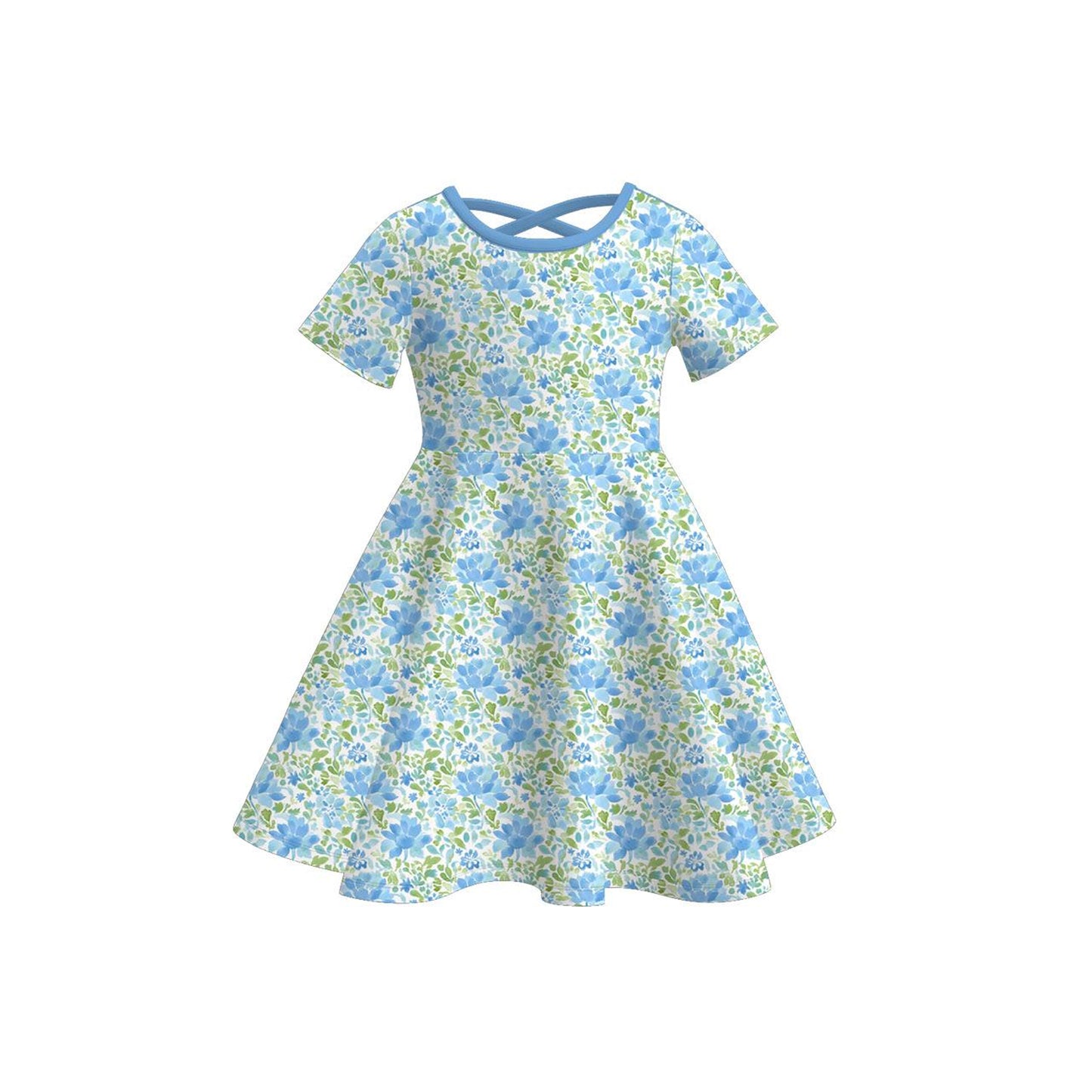 preorder GSD3267 Blue Flowers Floral Short Sleeve Girls Dress