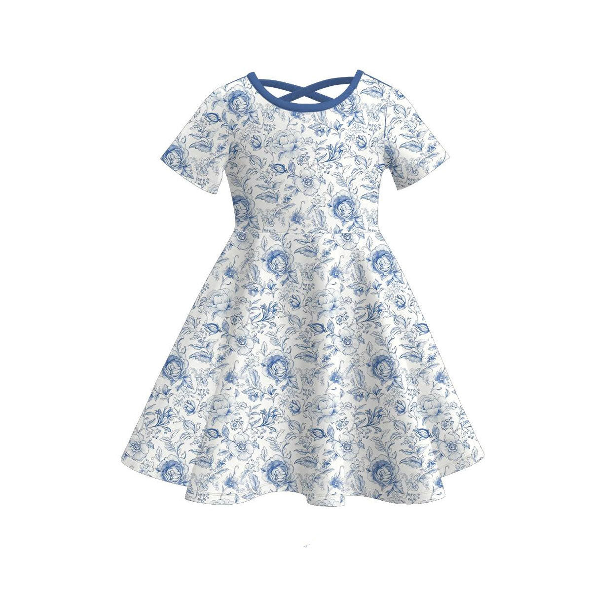 preorder GSD3268 Blue Flowers Short Sleeve Girls Dress