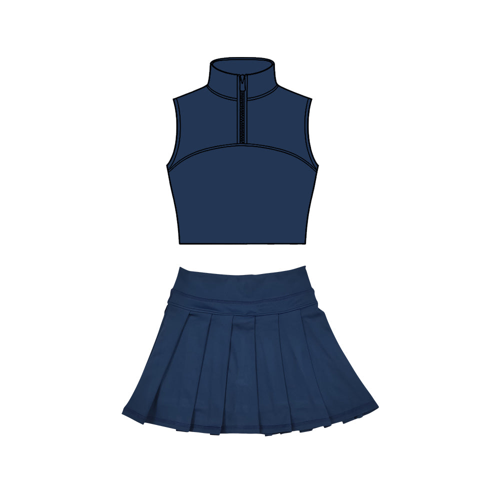 preorder GSD3290 Yoga Solid Color Navy Blue Zipper Sleeveless Skorts Girls Set