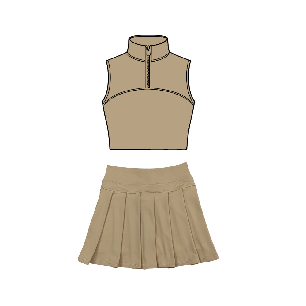preorder GSD3292 Yoga Solid Color Khaki Zipper Sleeveless Skorts Girls Set