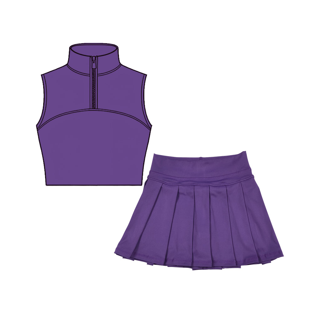 preorder GSD3296 Yoga Solid Color Purple Zipper Sleeveless Skorts Girls Set