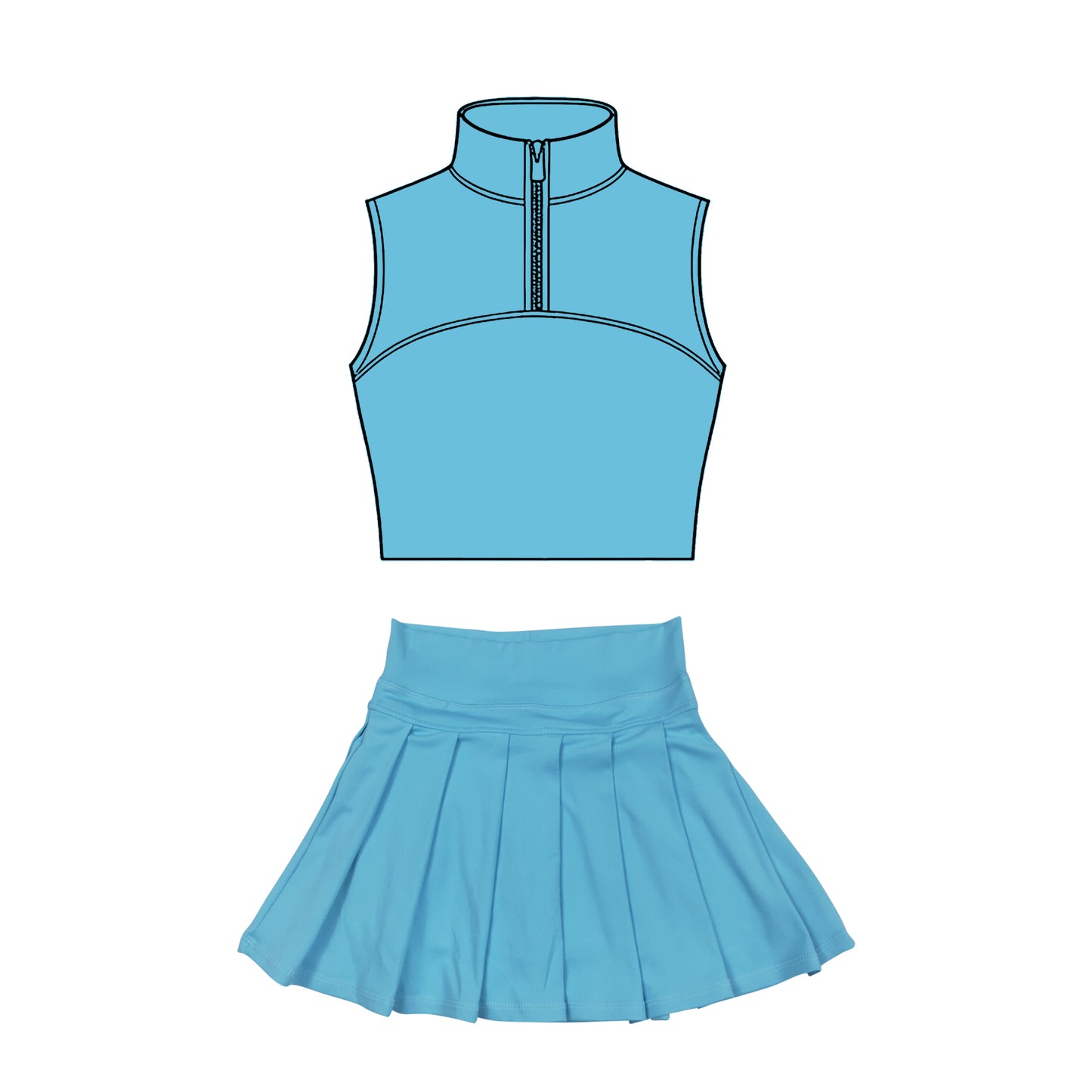 preorder GSD3301 Yoga Solid Color Blue Zipper Sleeveless Skorts Girls Set