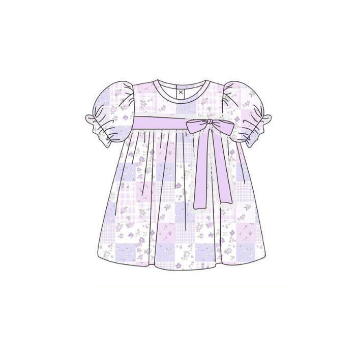 preorder GSD3362 Purple Flowers Bow Short Sleeve Girls Dress