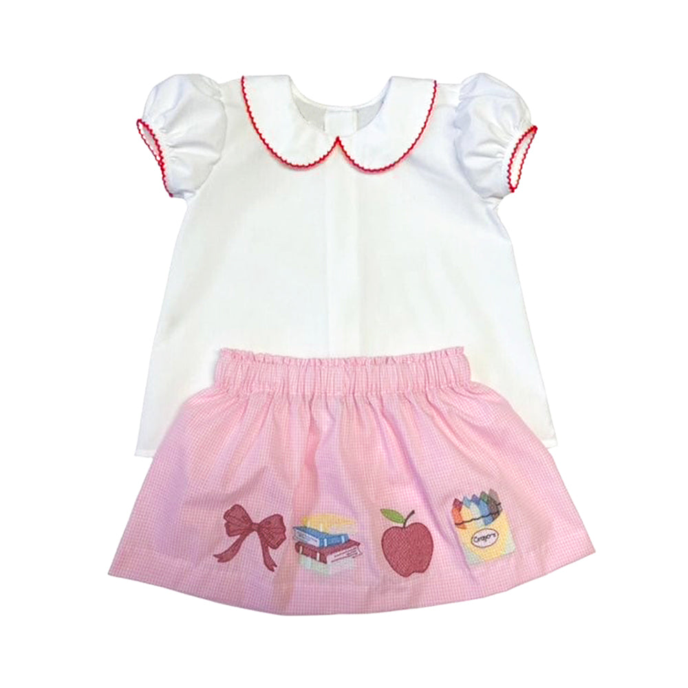 preorder GSD3366 Back To School Book Apple Short Sleeve Pink Skirts Girls Set