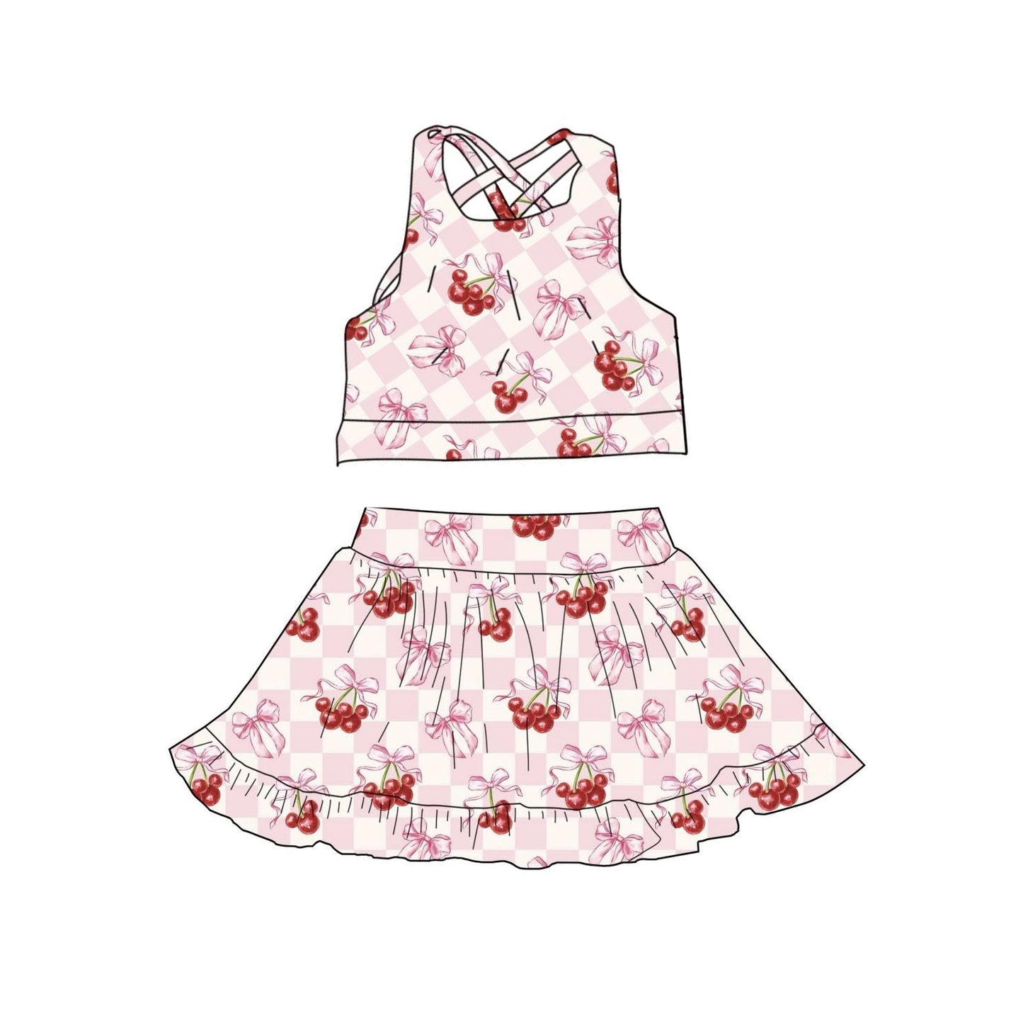 preorder GSD3379 Yoga Pink Bows Cherry Sleeveless Skorts girls Set