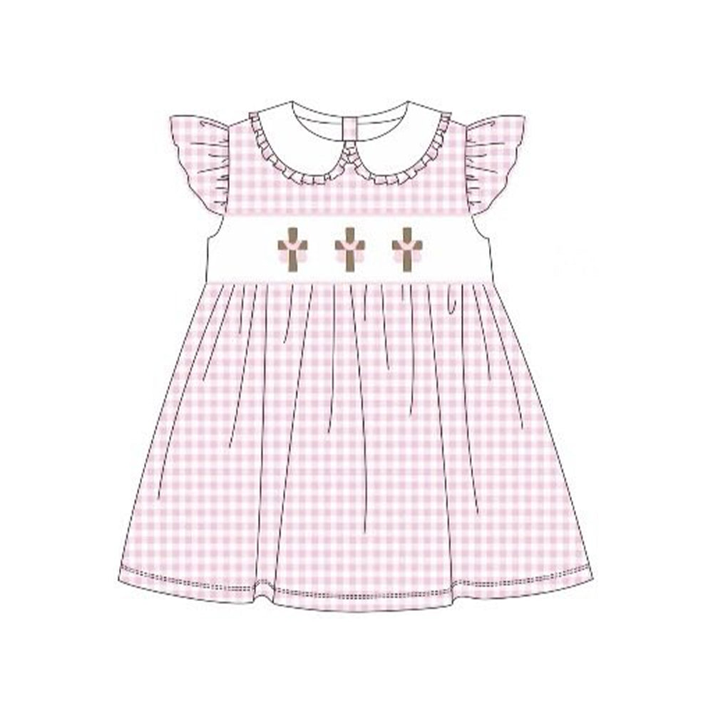 preorder GSD3382 Easter Cross Pink Checkered Flutter Sleeve Girls Dress