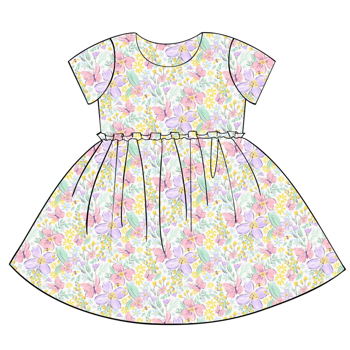 preorder GSD3397 Colorful Flowers Short Sleeve Girls Dress