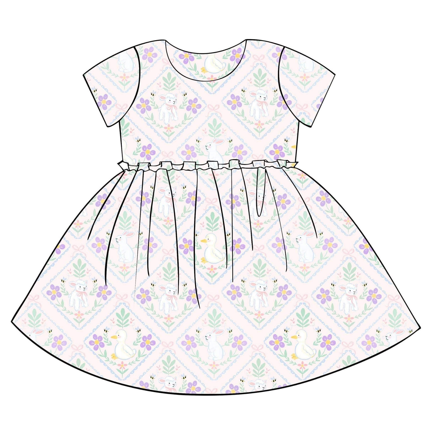 preorder GSD3399 Flowers Sheep Short Sleeve Girls Dress