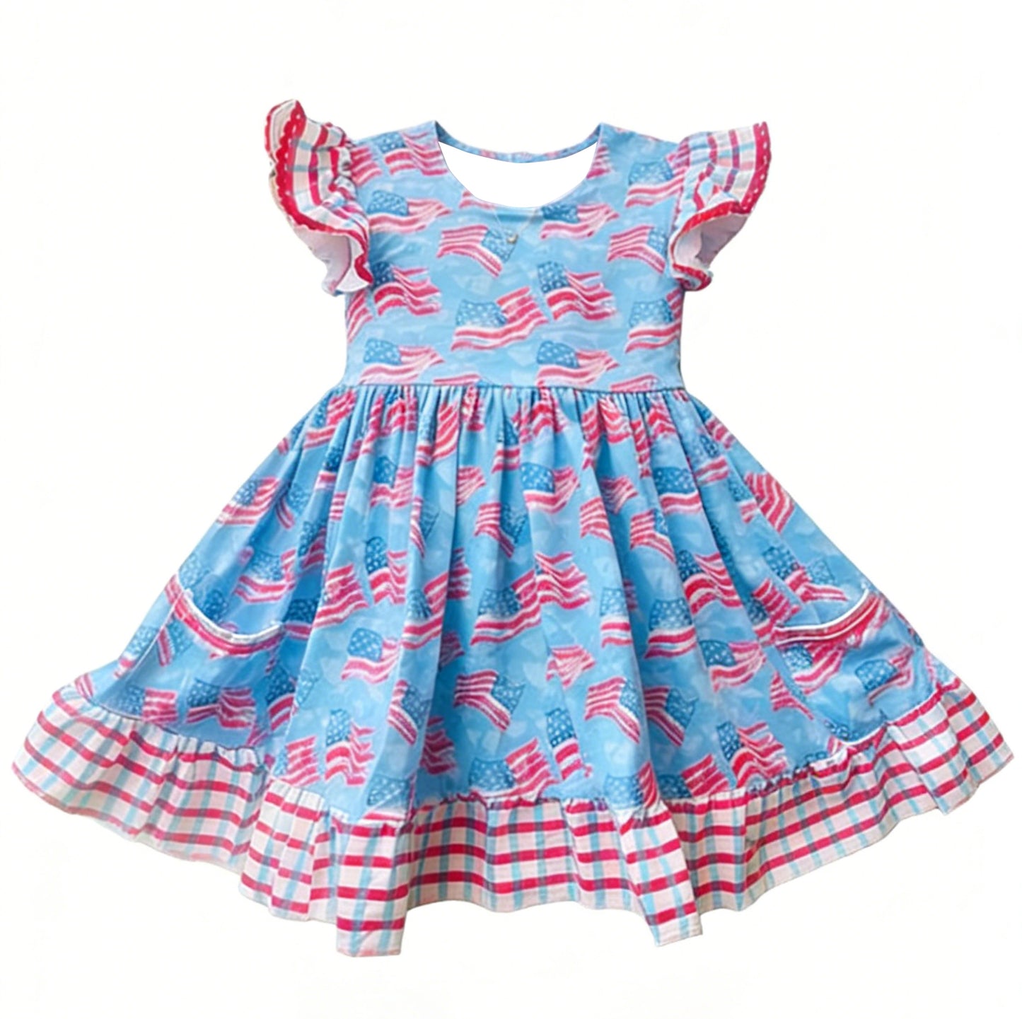 preorder GSD3422 July 4th Flag Blue Flutter Sleeve Girls Dress