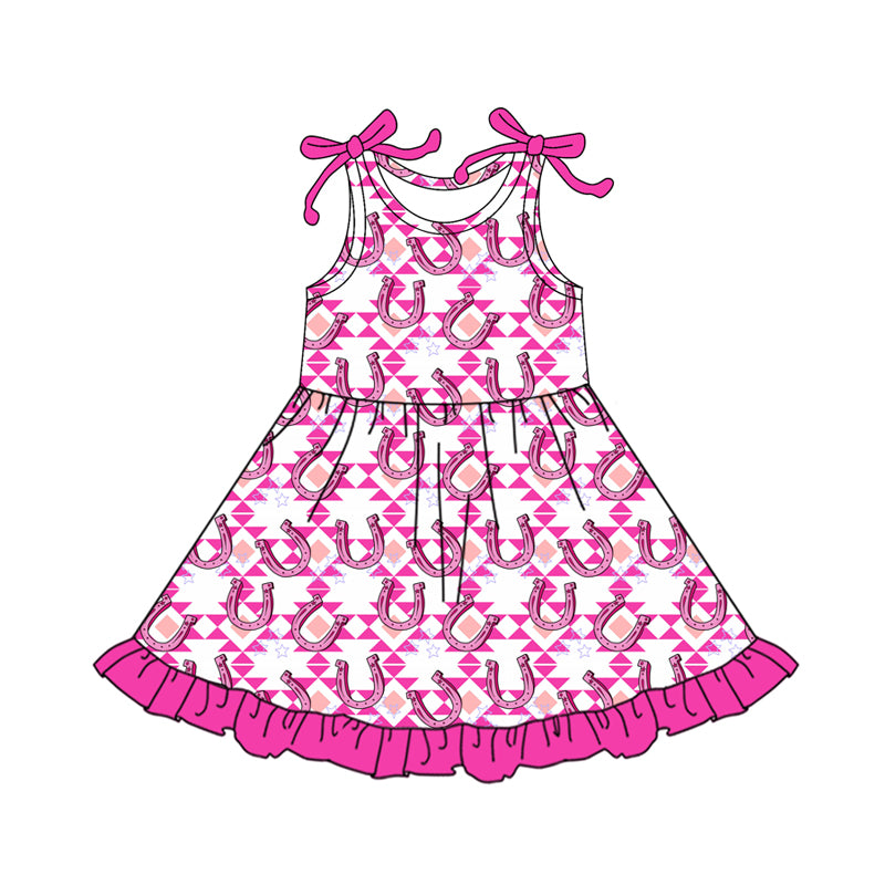 preorder GSD3430 Western Aztec Horse Shoe Hot Pink Sleeveless Girls Dress