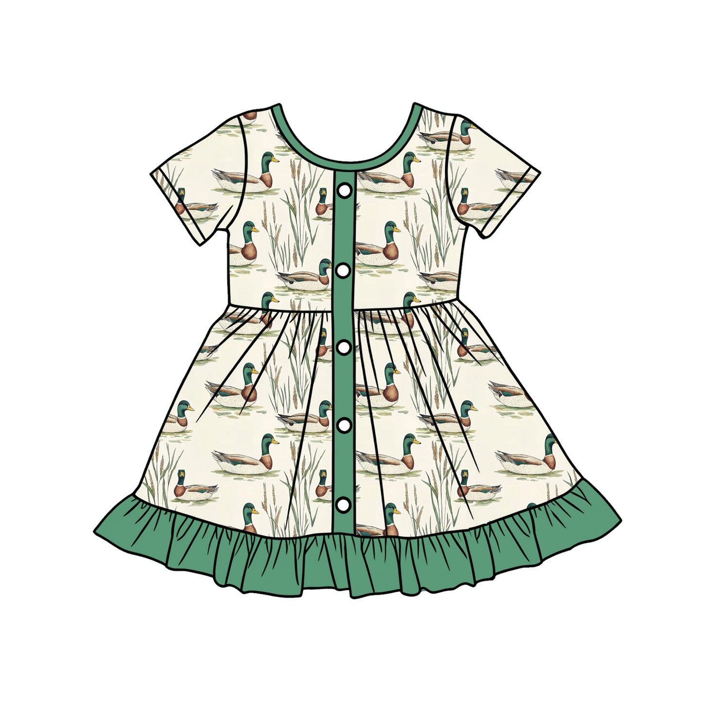 preorder GSD3431 Hunting Mallard Duck Green Short Sleeve Girls Dress