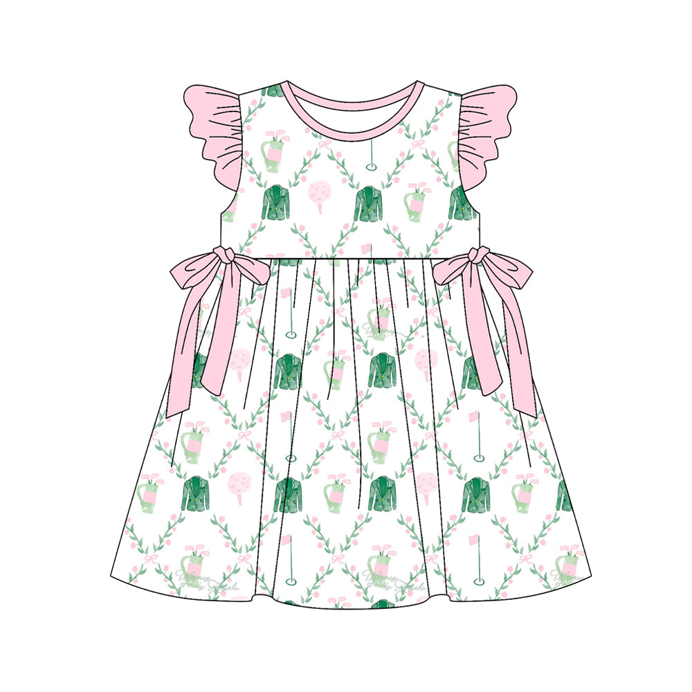 preorder GSD3464 Green Golf Flowers Flutter Sleeve Girls Dress