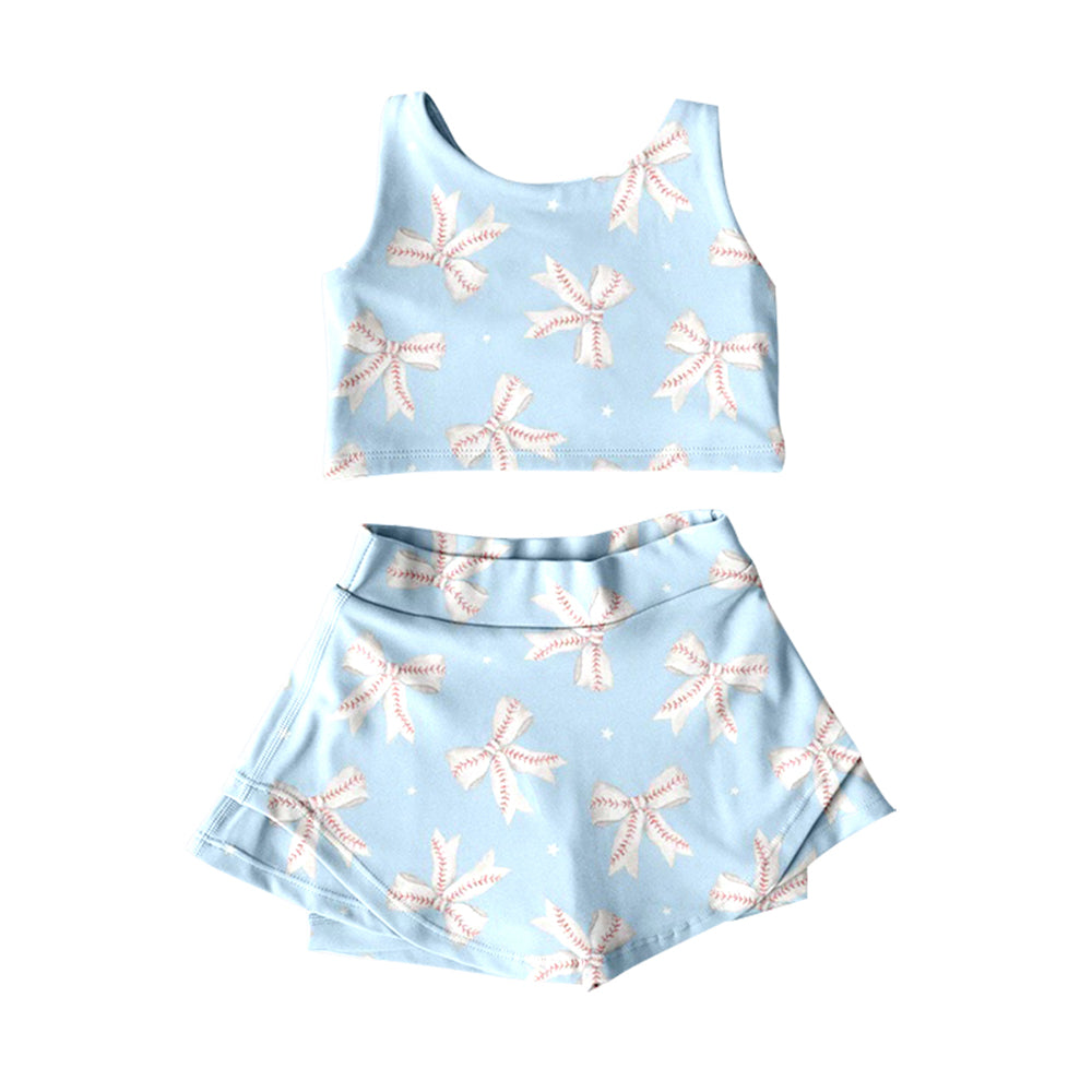 preorder GSD3495 Yoga Baseball Bows Blue Sleeveless Skorts Girls Set