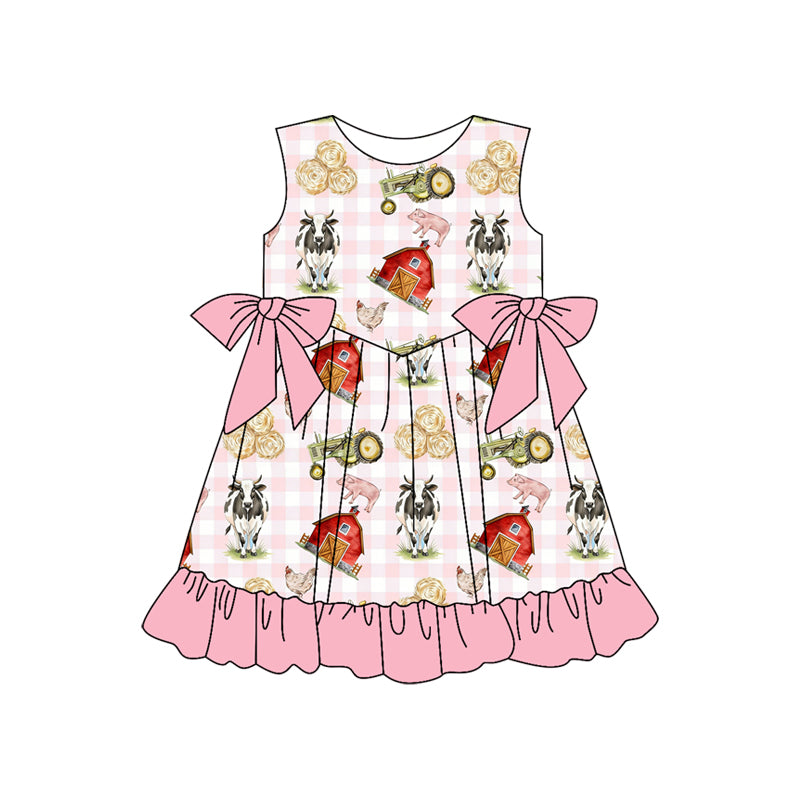 preorder GSD3507 Farm Cow House Pink Bows Sleeveless Girls Dress