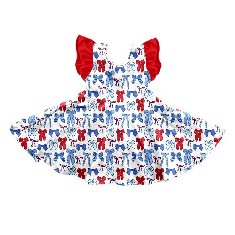 preorder GSD3515 July 4th Bows Blue Flutter Sleeve Girls Dress