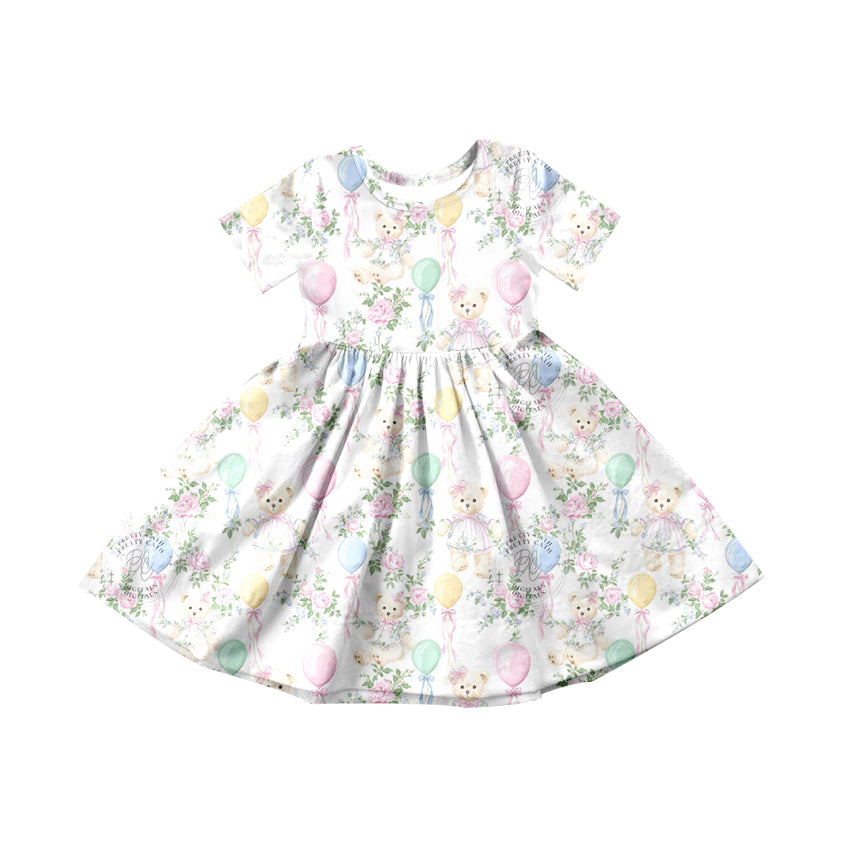 preorder GSD3568 Balloon Bear Flowers Short Sleeve Girls Dress