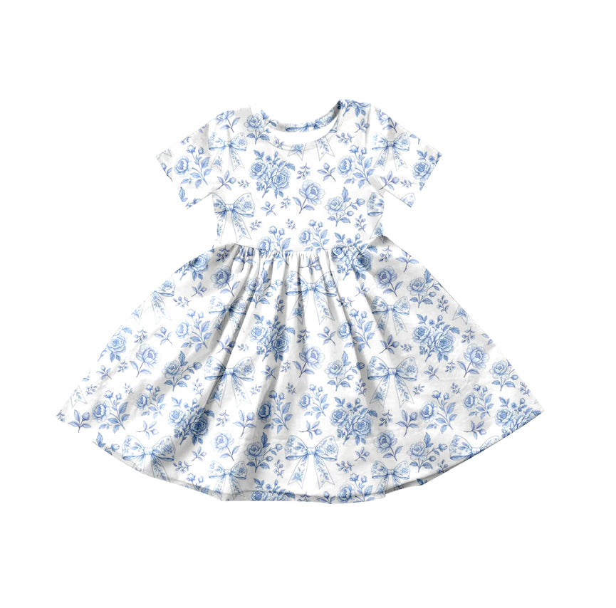 preorder GSD3569 Blue Flowers Short Sleeve Girls Dress