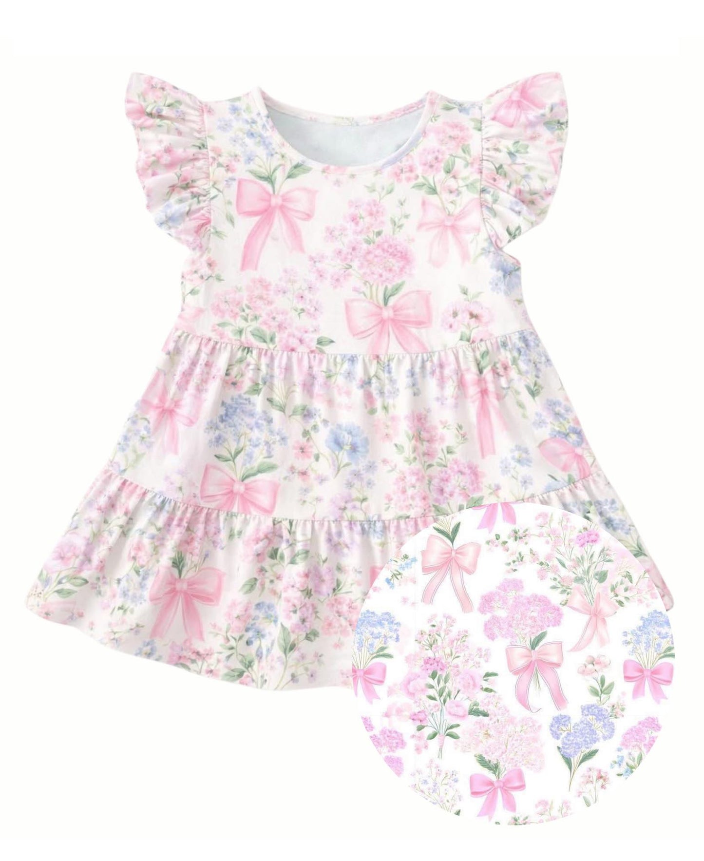 preorder GSD3571 Pink Flowers Bows Flutter Sleeve Girls Dress