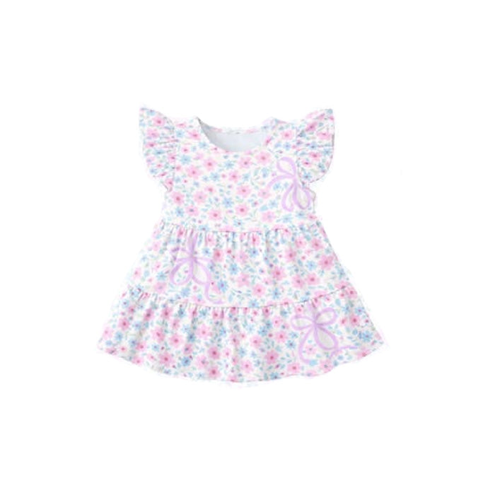 preorder GSD3572 Pink Flowers Bows Flutter Sleeve Girls Dress